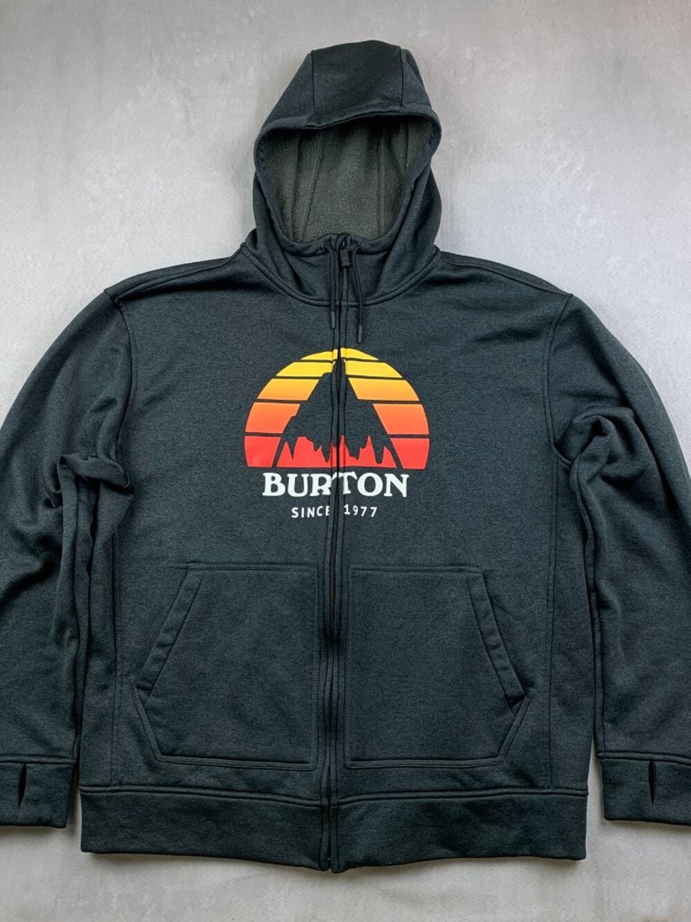 Burton Mens Sweater Large Gray Full Zip Oak Hoodie Fleece Snowboarding Sunset